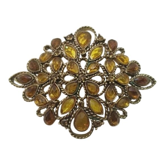 Monet Brooch Pin Crystal Brown  Gold Teardrop Round Oval Twisted Gold Brooch Pin - Picture 1 of 9